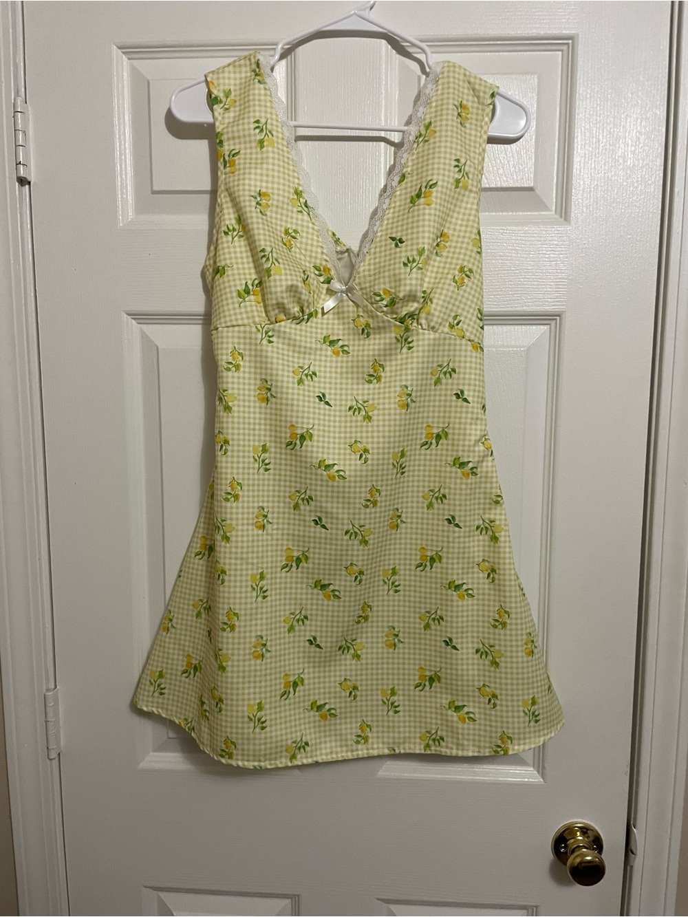 Gingham Lemon Print Lace Trim Mini Dress Size M